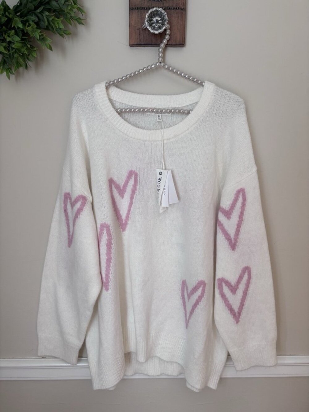 NWT Workshop Republic Clothing Size 2X White Sweater Pink Hearts